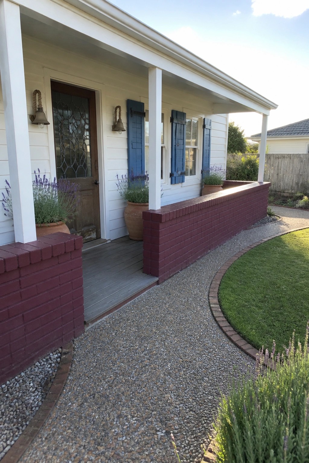 A white house exterior with a wooden front door, blue shutters, and burgundy brick walls bordering the porch and gravel path.