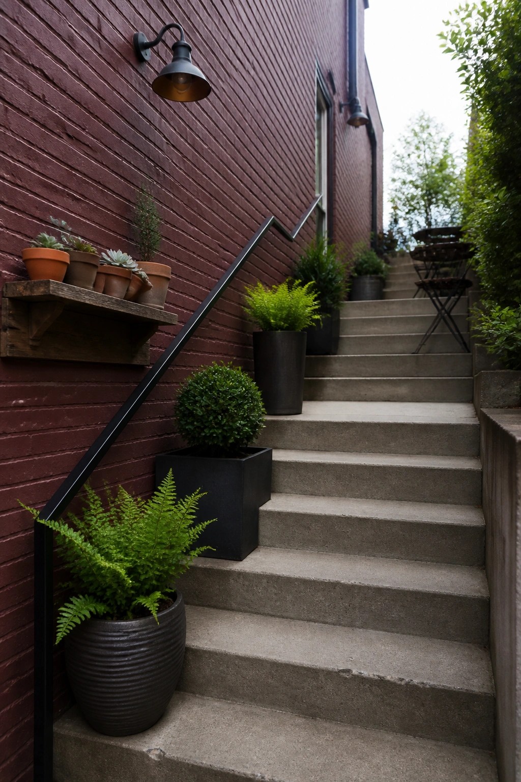 A concrete staircase runs alongside a burgundy brick wall fitted with a black metal handrail, wall sconces, and several potted plants on a wooden shelf and in large containers.