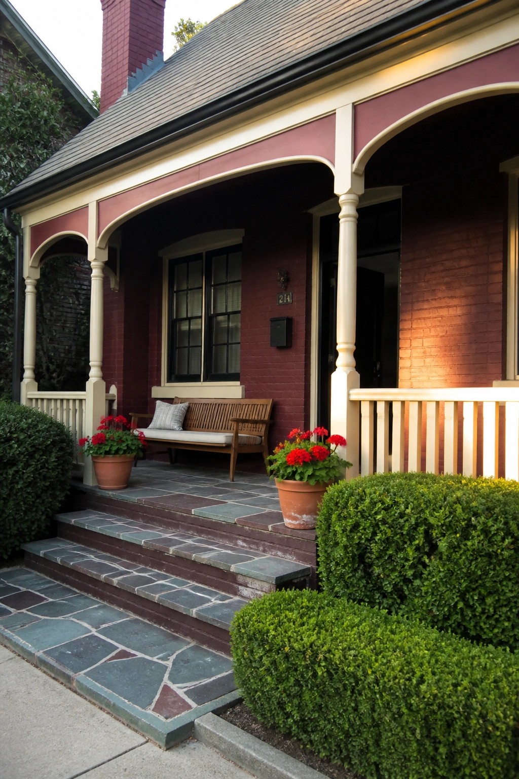 A burgundy painted brick house exterior with cream trim on the porch columns and eaves, a wooden bench on the stone porch, and potted red flowers beside the steps.