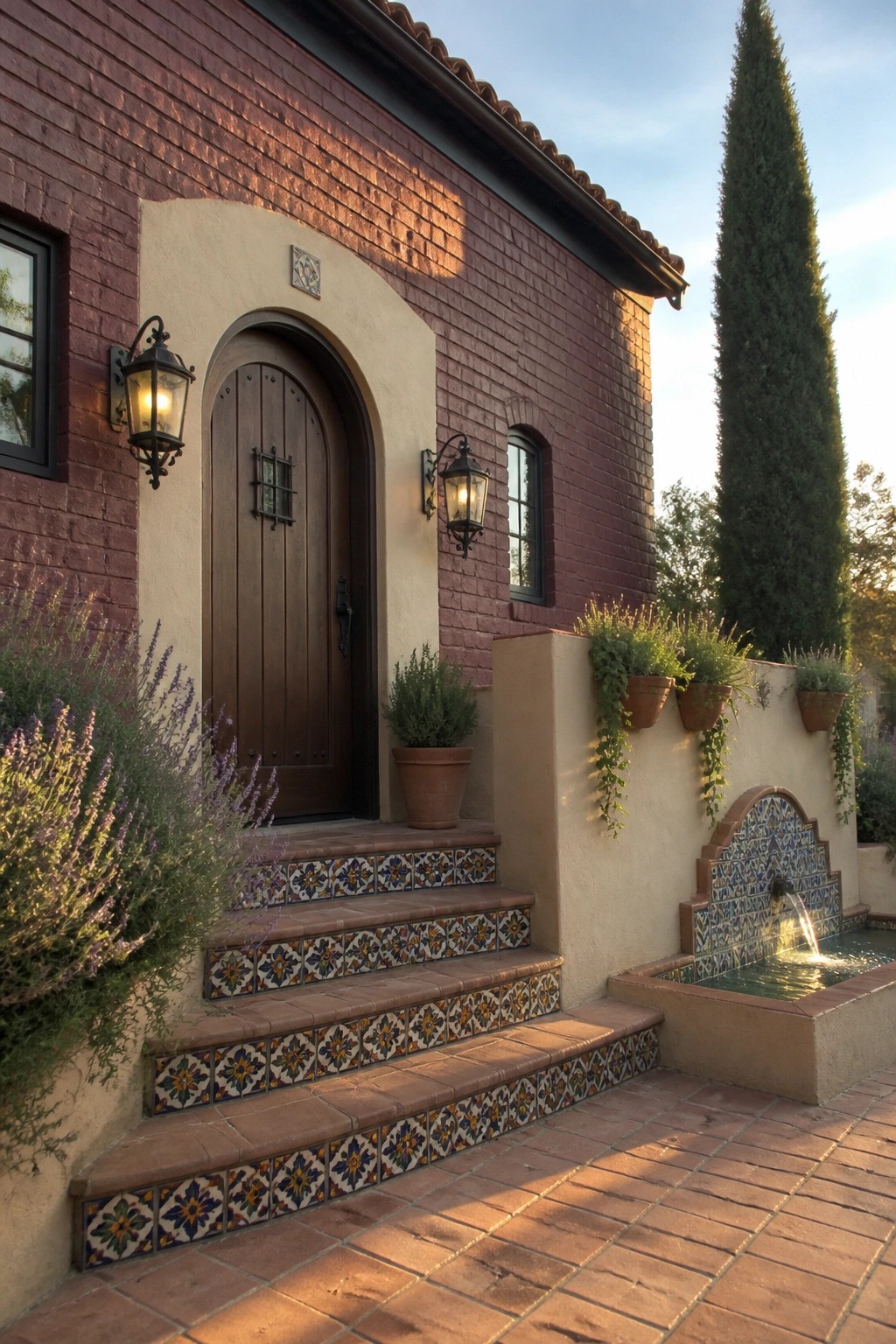 A burgundy brick house exterior with an arched wooden door set in a light stucco surround, colorful tile on the steps, and a small tiled fountain beside the entry.