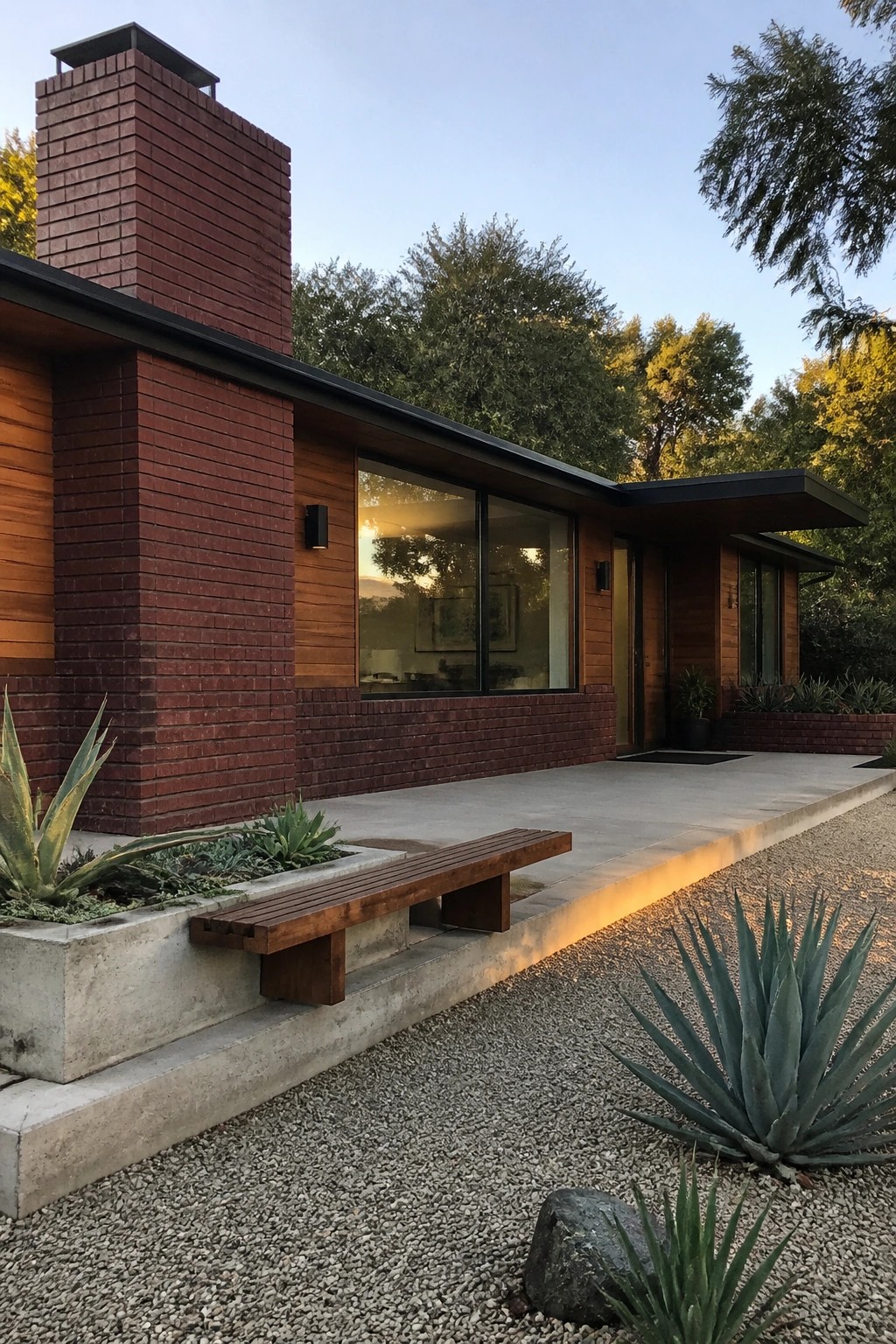 A modern single-story house exterior with burgundy brick chimney and lower walls, horizontal wood siding, large windows, and a concrete patio bordered by gravel and agave plants.