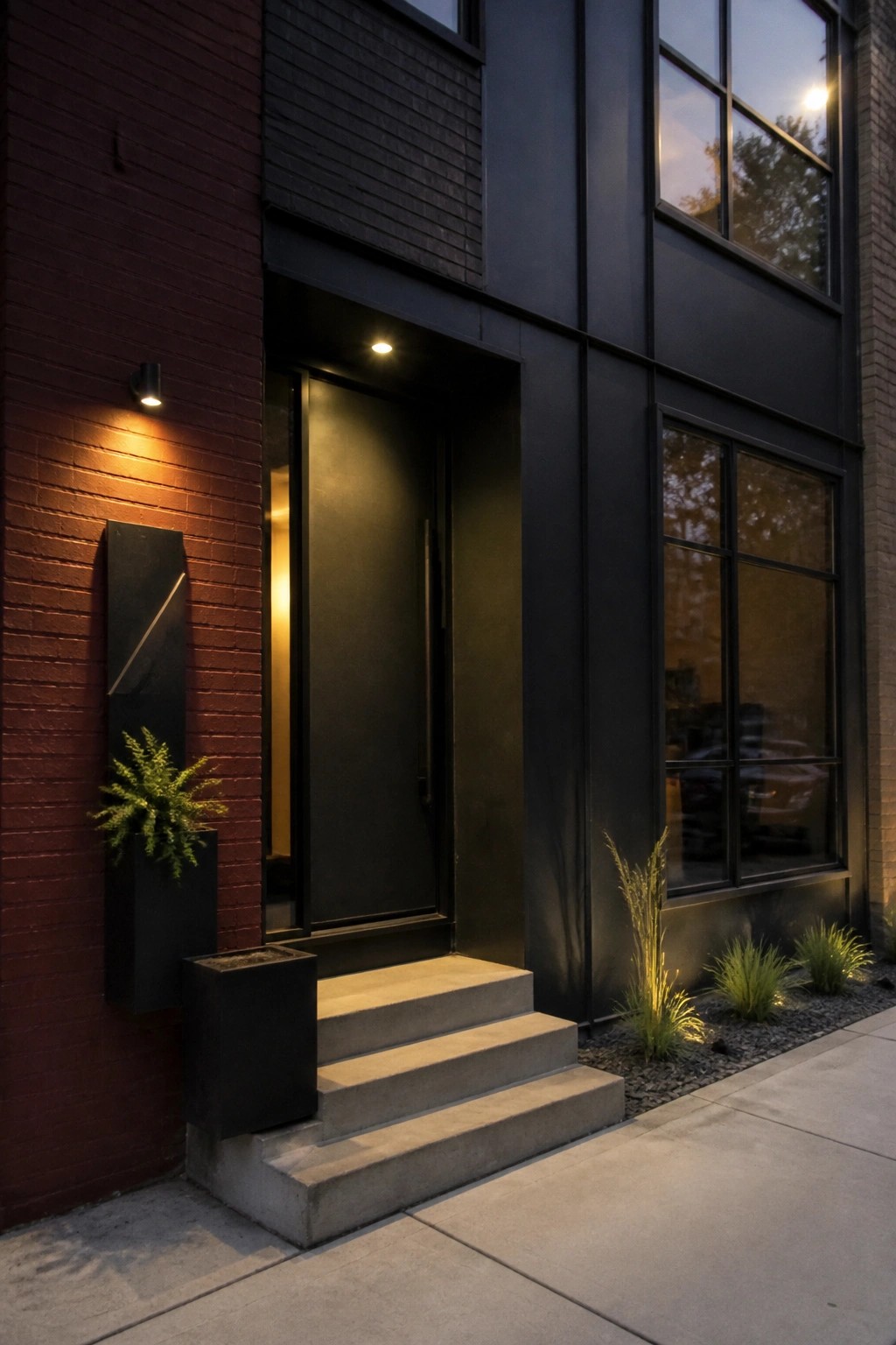 Modern house entrance featuring burgundy brick on the left, a black recessed door with concrete steps, black planters, and large black-framed windows on the right at dusk.