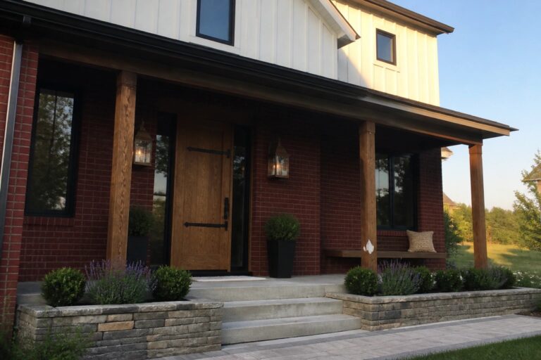 Front exterior of a house featuring burgundy painted brick, white vertical siding on the upper level, a wooden front door, wooden porch columns, and concrete steps.