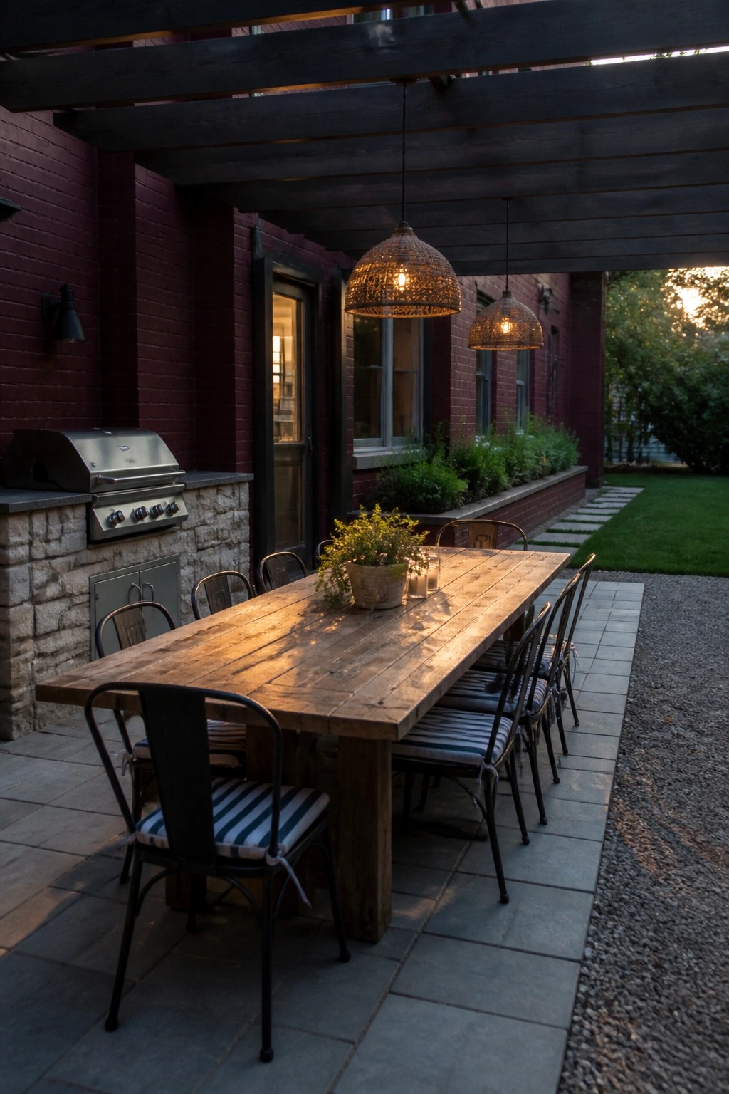 A long wooden dining table with striped cushioned chairs sits under a dark wooden pergola attached to a burgundy brick house, with two woven pendant lights above and a stainless steel grill on a stone base to the left.