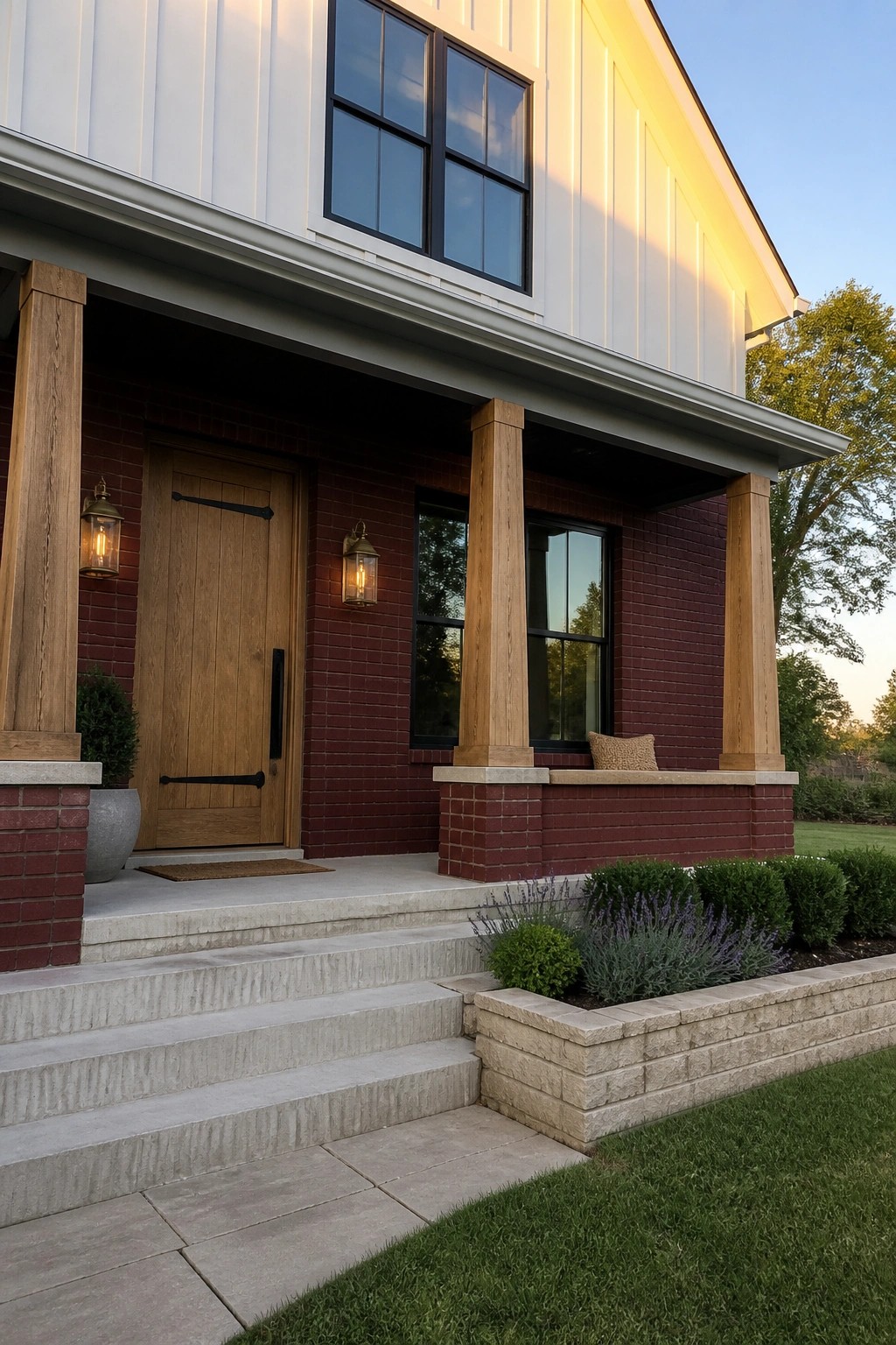 Front exterior of a house featuring burgundy painted brick, white vertical siding on the upper level, a wooden front door, wooden porch columns, and concrete steps.