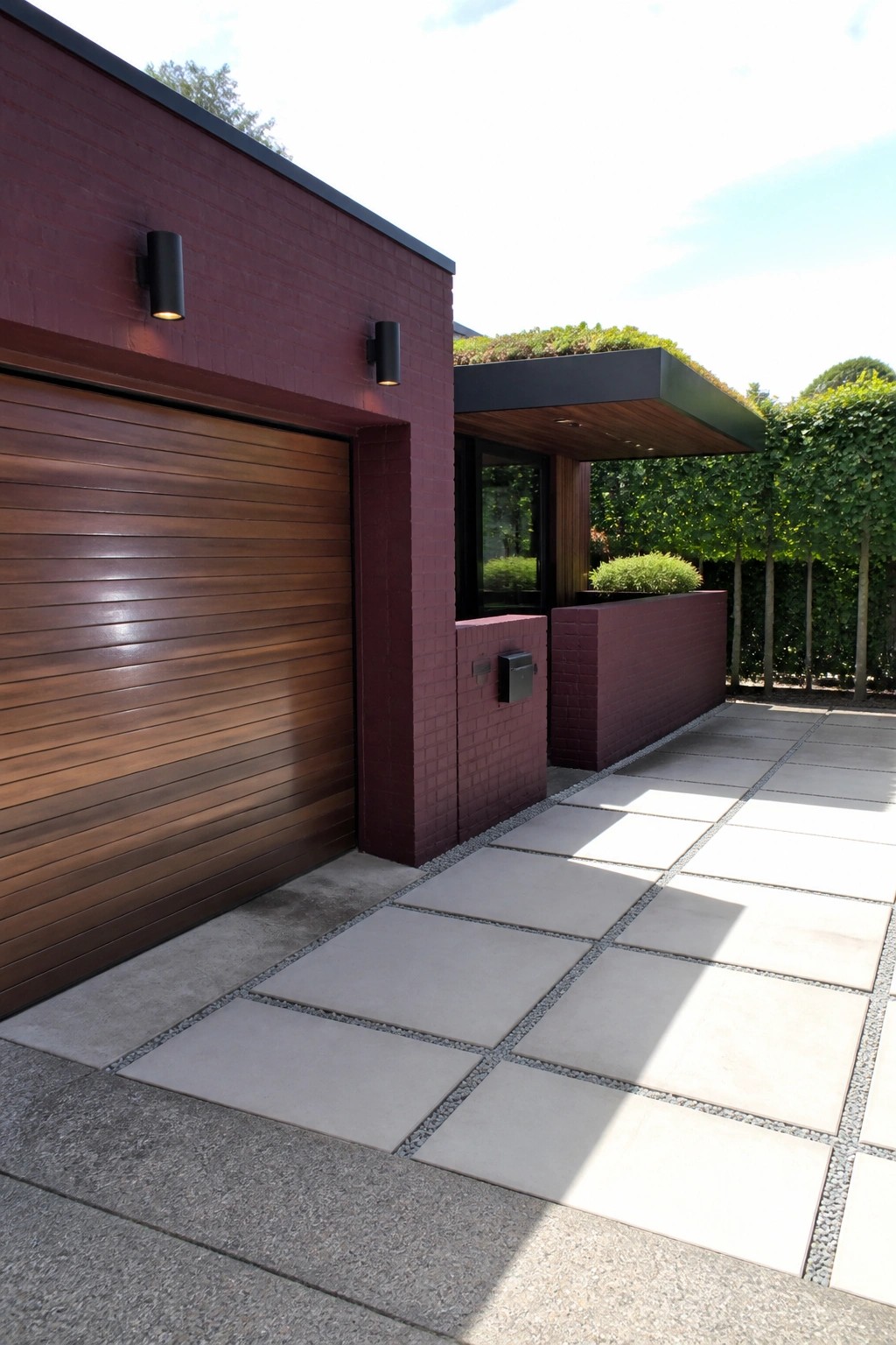 A burgundy painted brick house exterior with a wood garage door, two black wall sconces, and large concrete pavers in the driveway area.