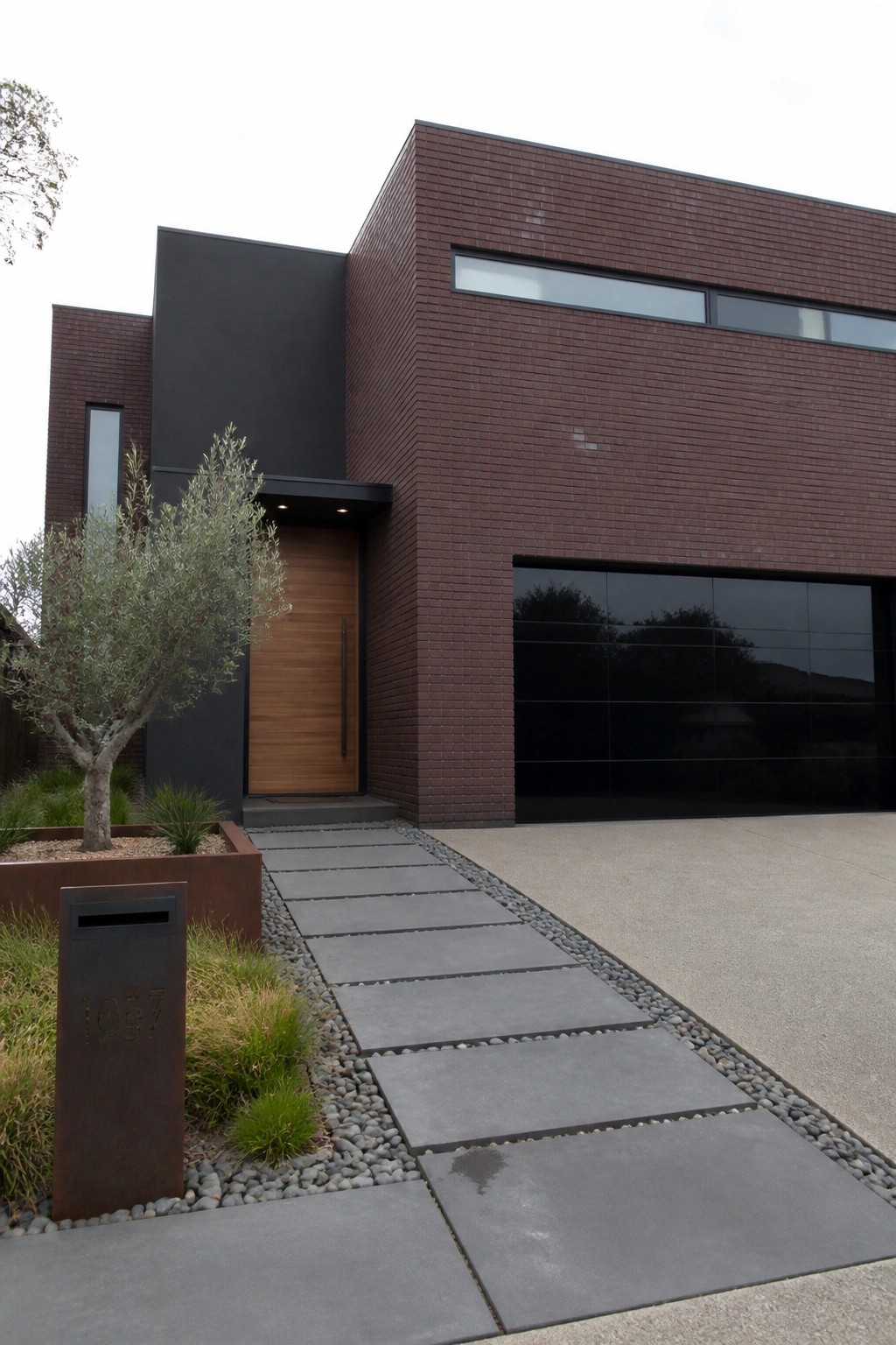 Modern two-story house with burgundy brick exterior, dark painted accent wall, wooden front door, black garage door, and gray stone pathway leading to the entrance.