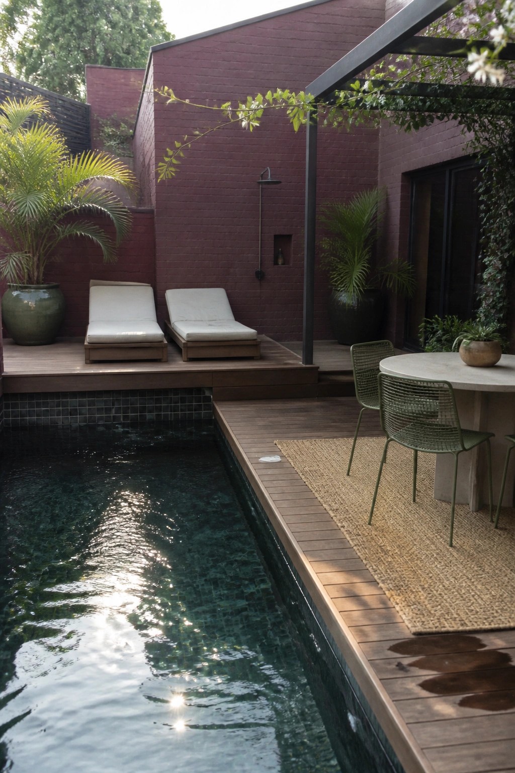 A narrow lap pool with wooden decking beside a burgundy brick wall, two lounge chairs on a raised platform, and an outdoor dining table with green wire chairs.