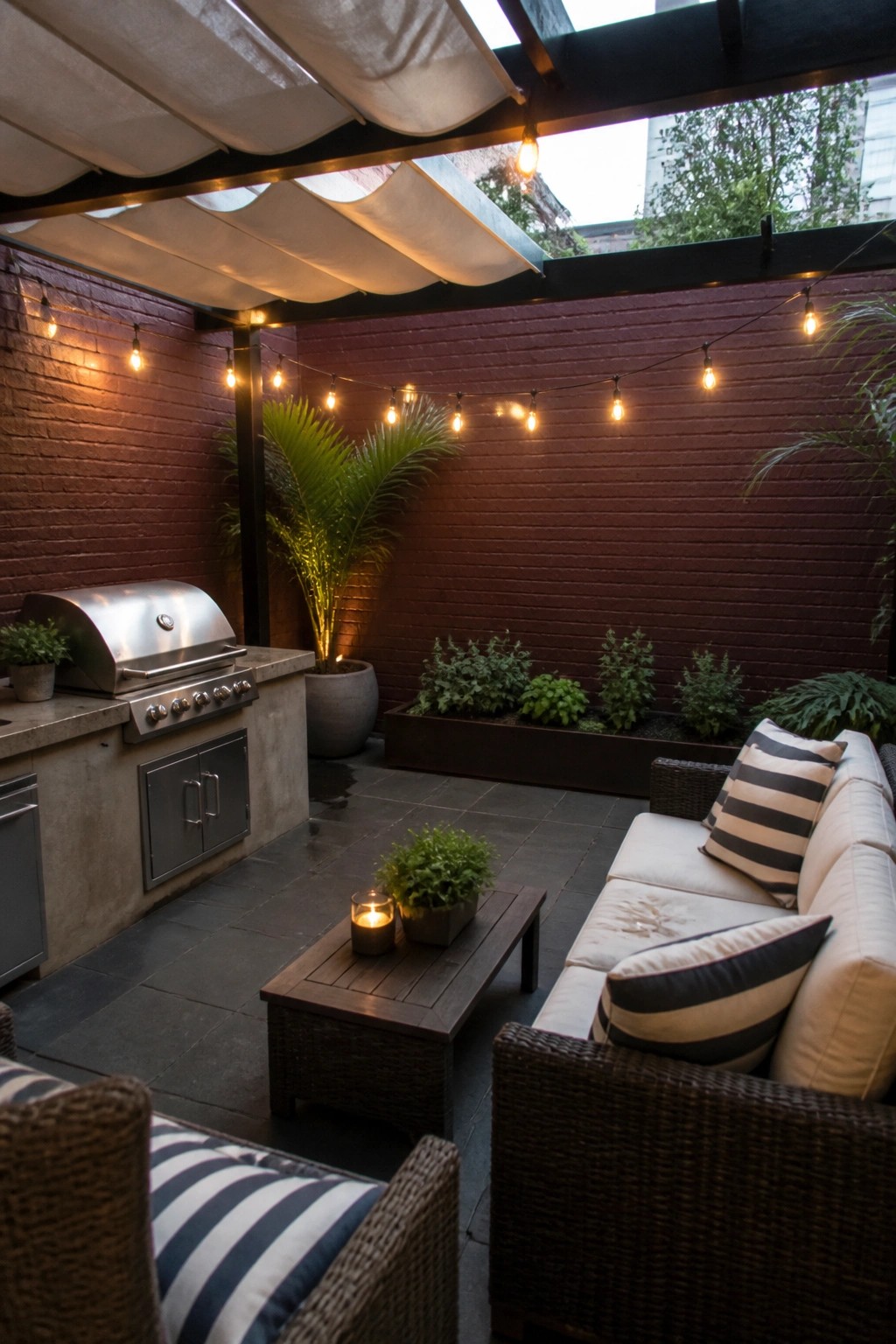 Outdoor patio with white sofa, striped pillows, wooden coffee table, and string lights hung across a burgundy brick wall next to a built-in grill and potted plants.