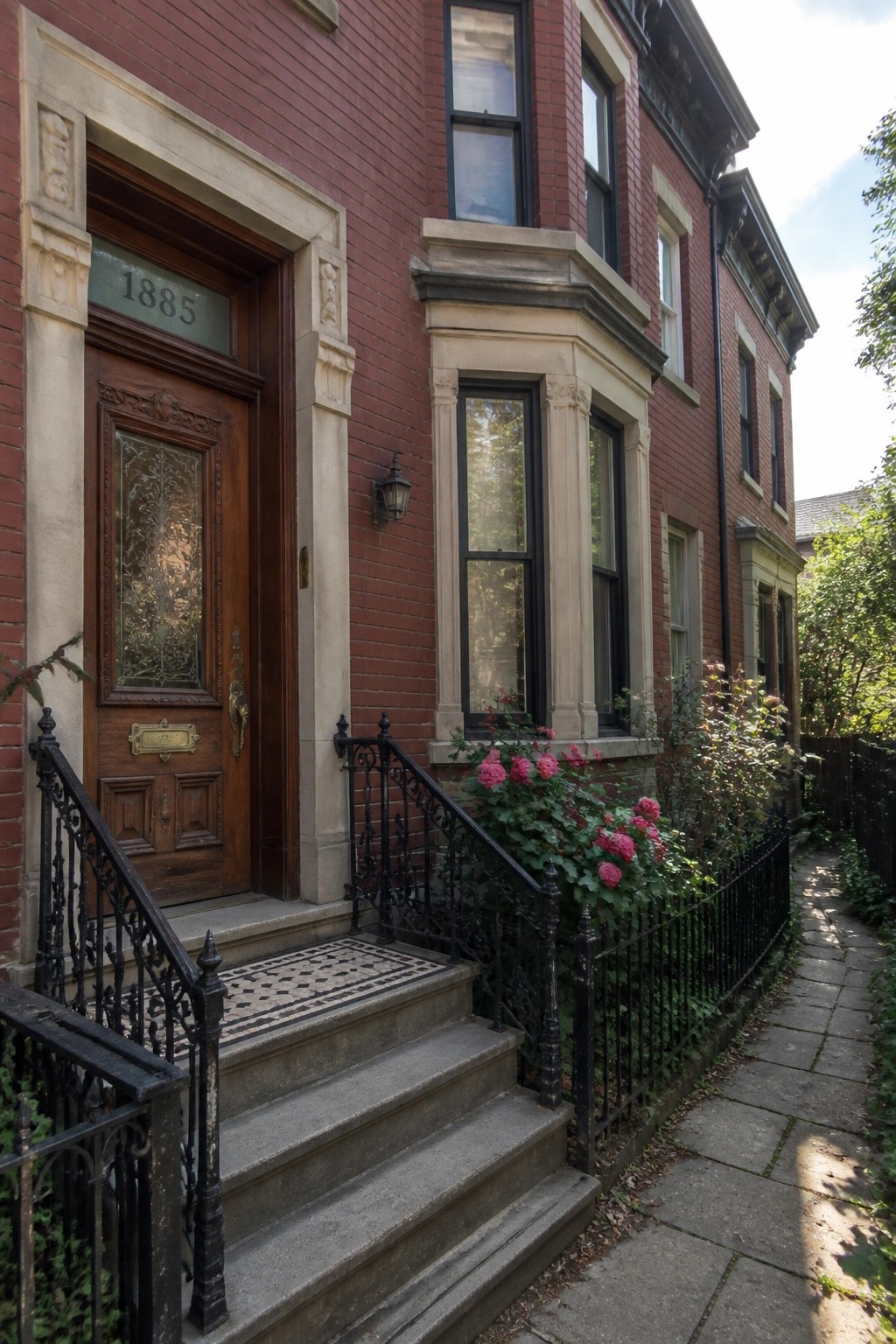 A burgundy brick house facade with a carved wooden front door set in a light stone surround, concrete steps with black iron railings, and pink roses along the side path.