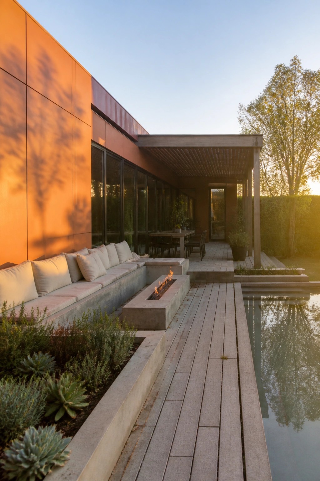 Modern house exterior with smooth orange fiber cement panels, large glass windows, wooden deck, concrete fire pit, and pool.
