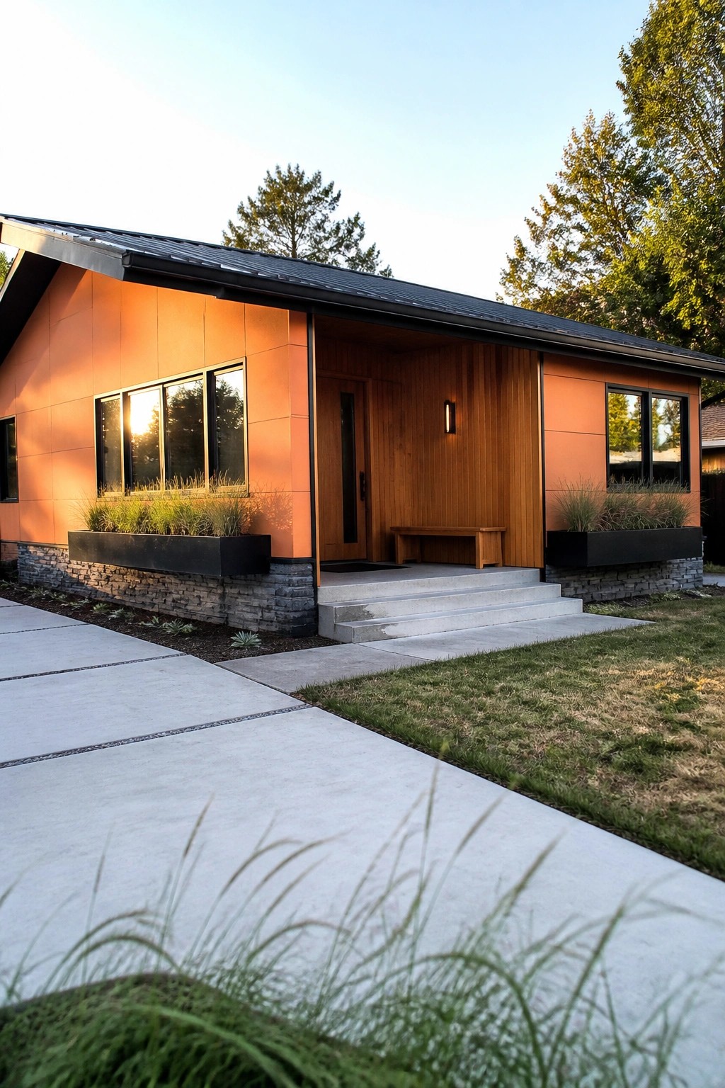 A modern single-story house with orange smooth fiber cement panels, a wooden entry porch, black-framed windows, and a stone foundation.