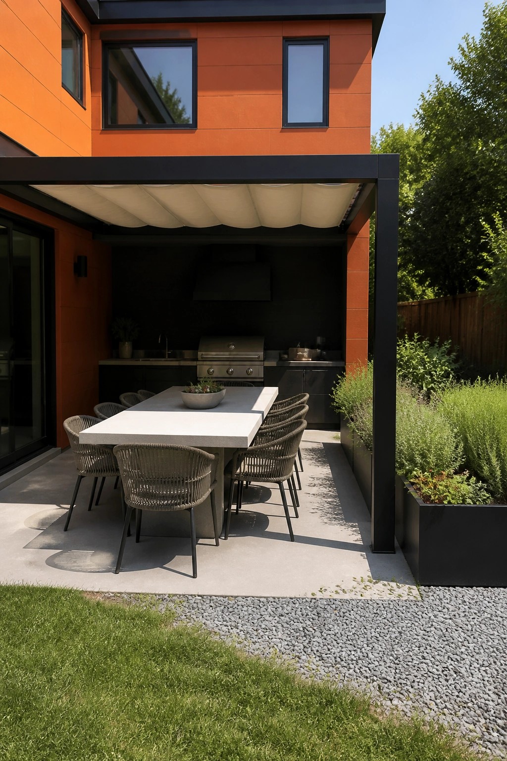 An outdoor kitchen and dining table sit under a covered structure attached to a modern house clad in orange fiber cement panels.