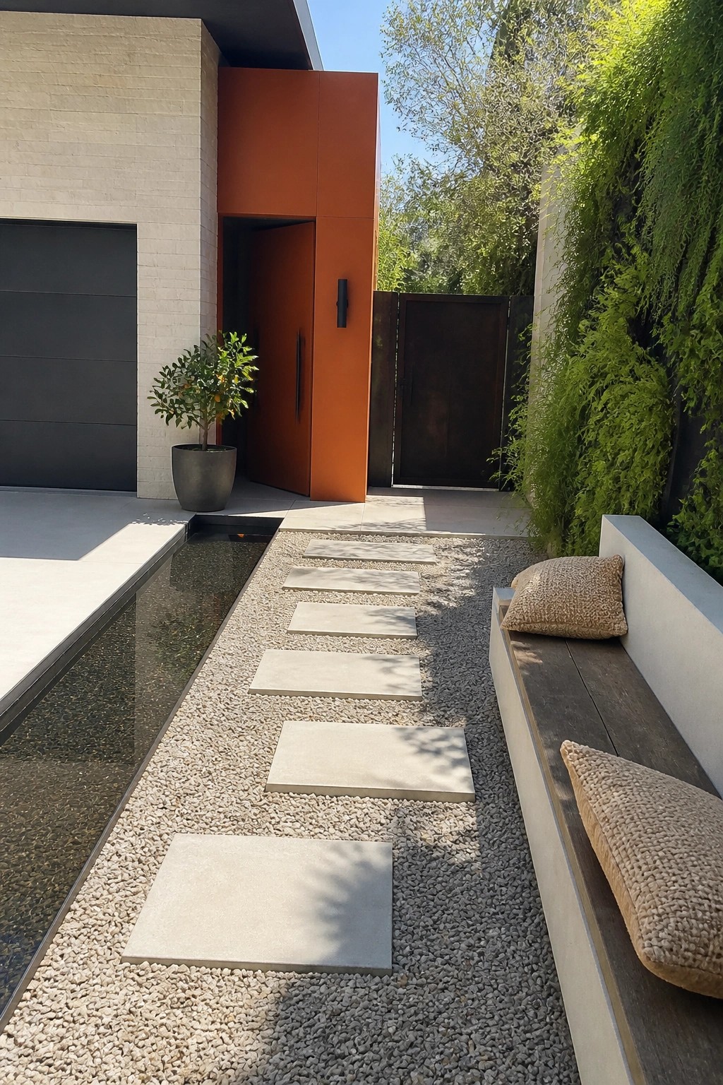 Modern courtyard with orange door, stepping stones on gravel, and living wall.