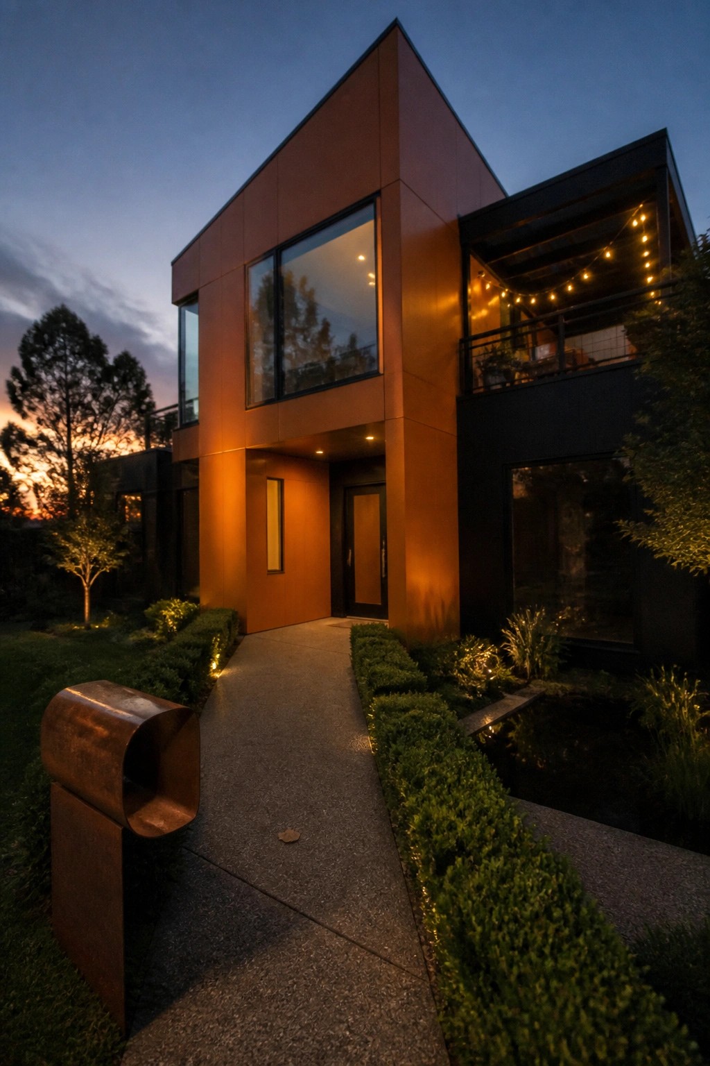 Modern copper house at dusk with lit path, hedges, water feature and string lights.