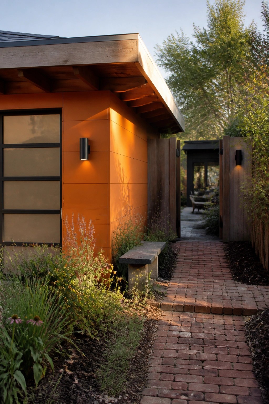 Modern house exterior clad in smooth orange fiber cement panels with a black-framed window, wall sconce, stone bench, and brick path beside a wooden gate.