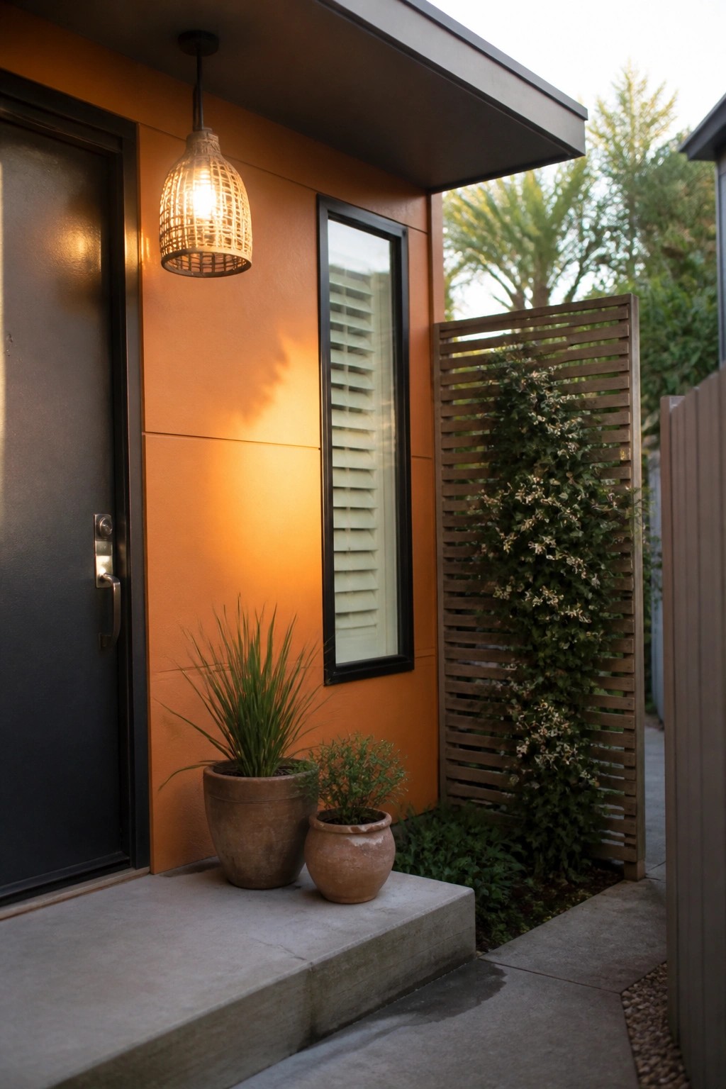 Modern house entry with orange fiber cement panels, a dark door, a black-framed window, a hanging woven light, and two potted plants on the concrete step beside a wooden slat screen.