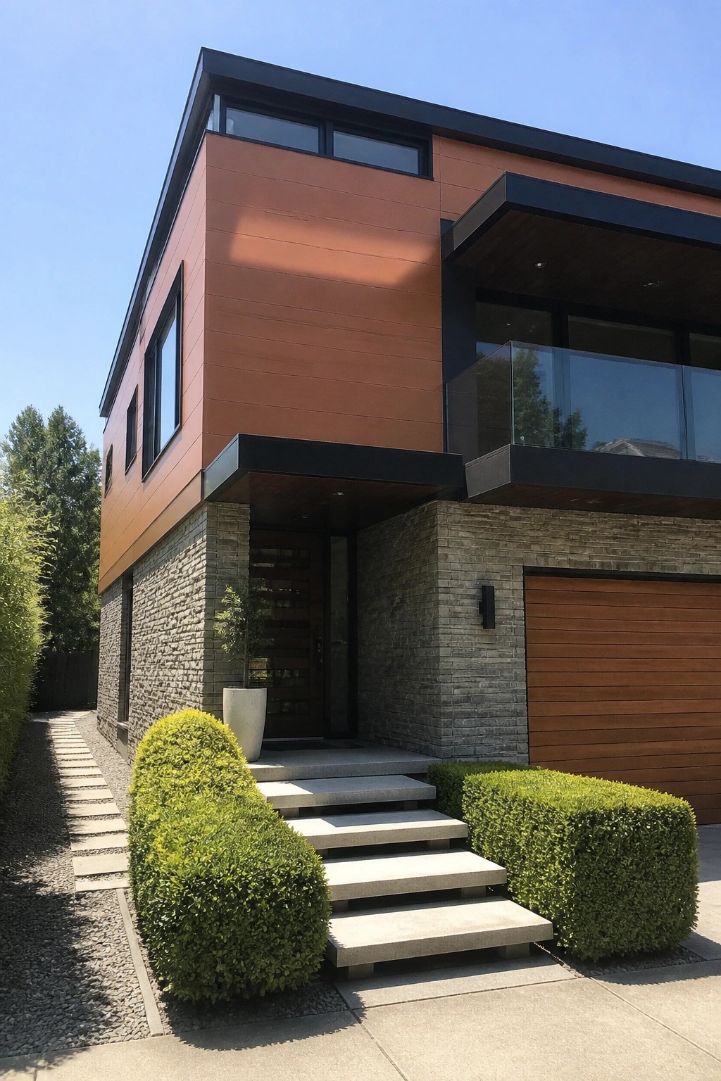 Modern two-story house with orange siding, stone base, wooden garage, and steps.