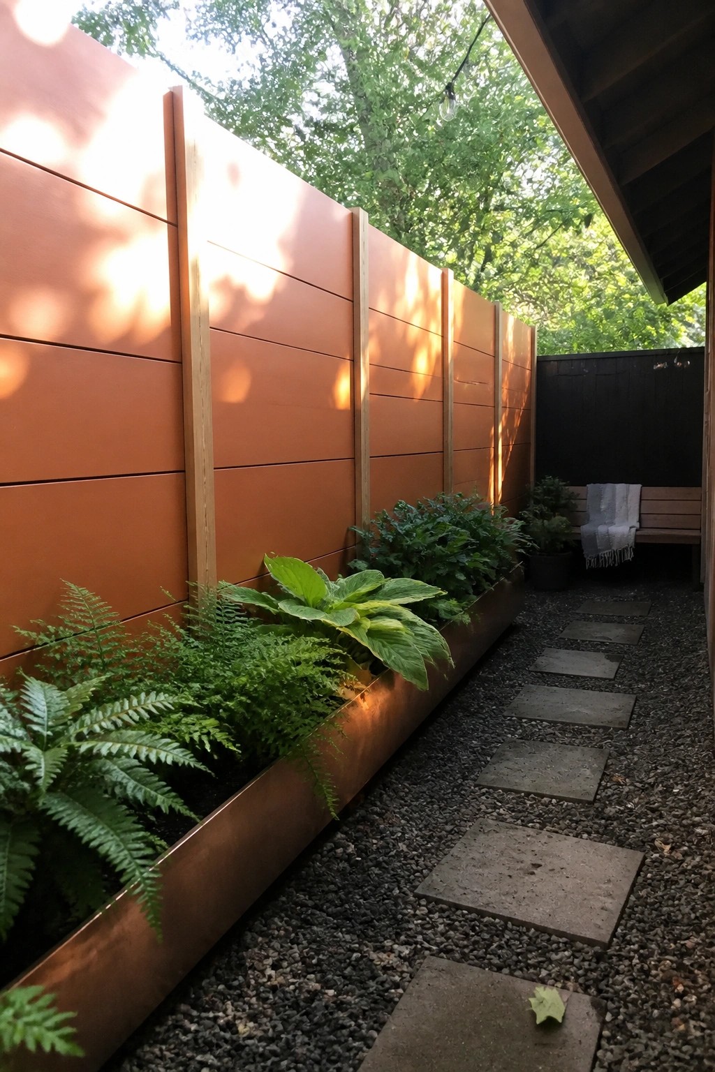 A long orange fiber cement panel wall with a built-in metal planter bed along a gravel path with stepping stones.
