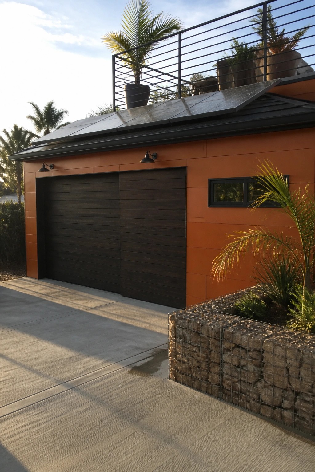 A modern house exterior clad in orange fiber cement panels with dark horizontal garage doors and a concrete driveway.