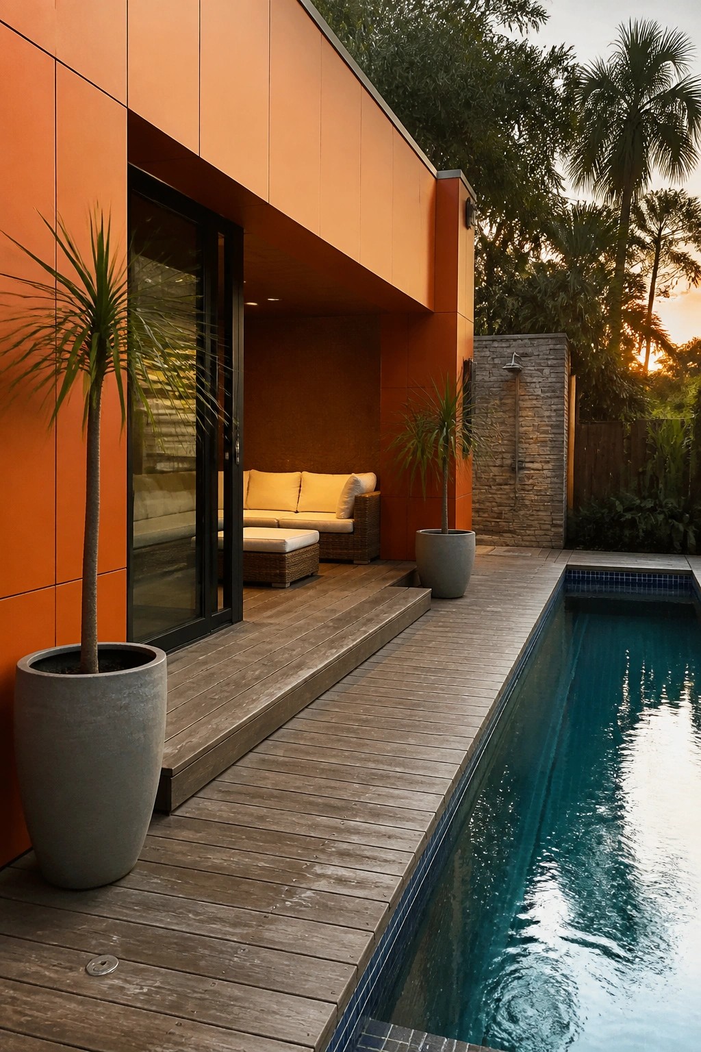 A modern house exterior with smooth orange fiber cement panels, a recessed seating area opening to a wooden deck, and a long swimming pool beside it.
