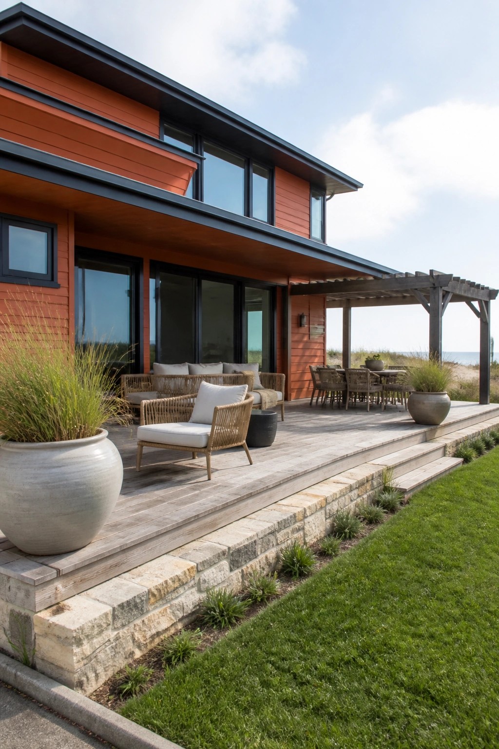 A modern two-story house with orange fiber cement siding, black trim, large windows, and a wooden deck with seating overlooking the ocean.