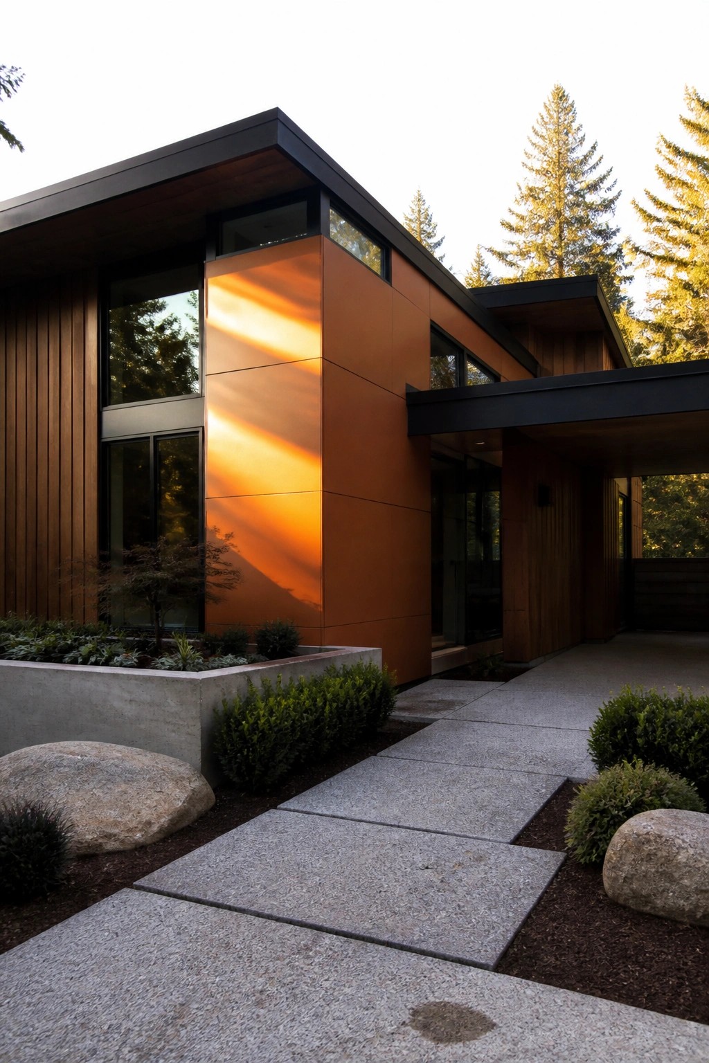 Modern house exterior with a vertical section of bright orange smooth panels next to wood siding and large windows, concrete walkway in front.