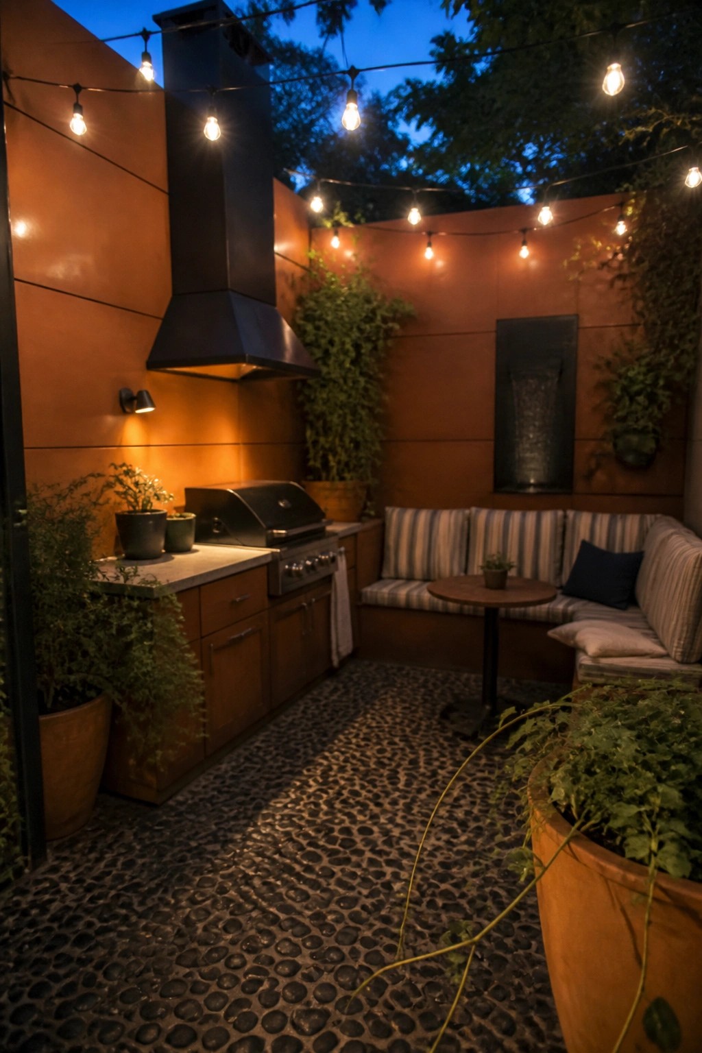 An outdoor patio enclosed by orange smooth panels includes a built-in grill, striped bench seating, a round table, and string lights overhead.