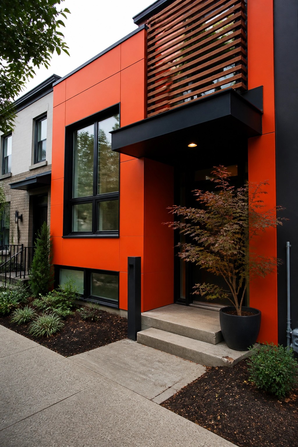 Modern house exterior with bright orange fiber cement panels, black window frames, a black canopy over the door, and concrete steps leading to the entrance.