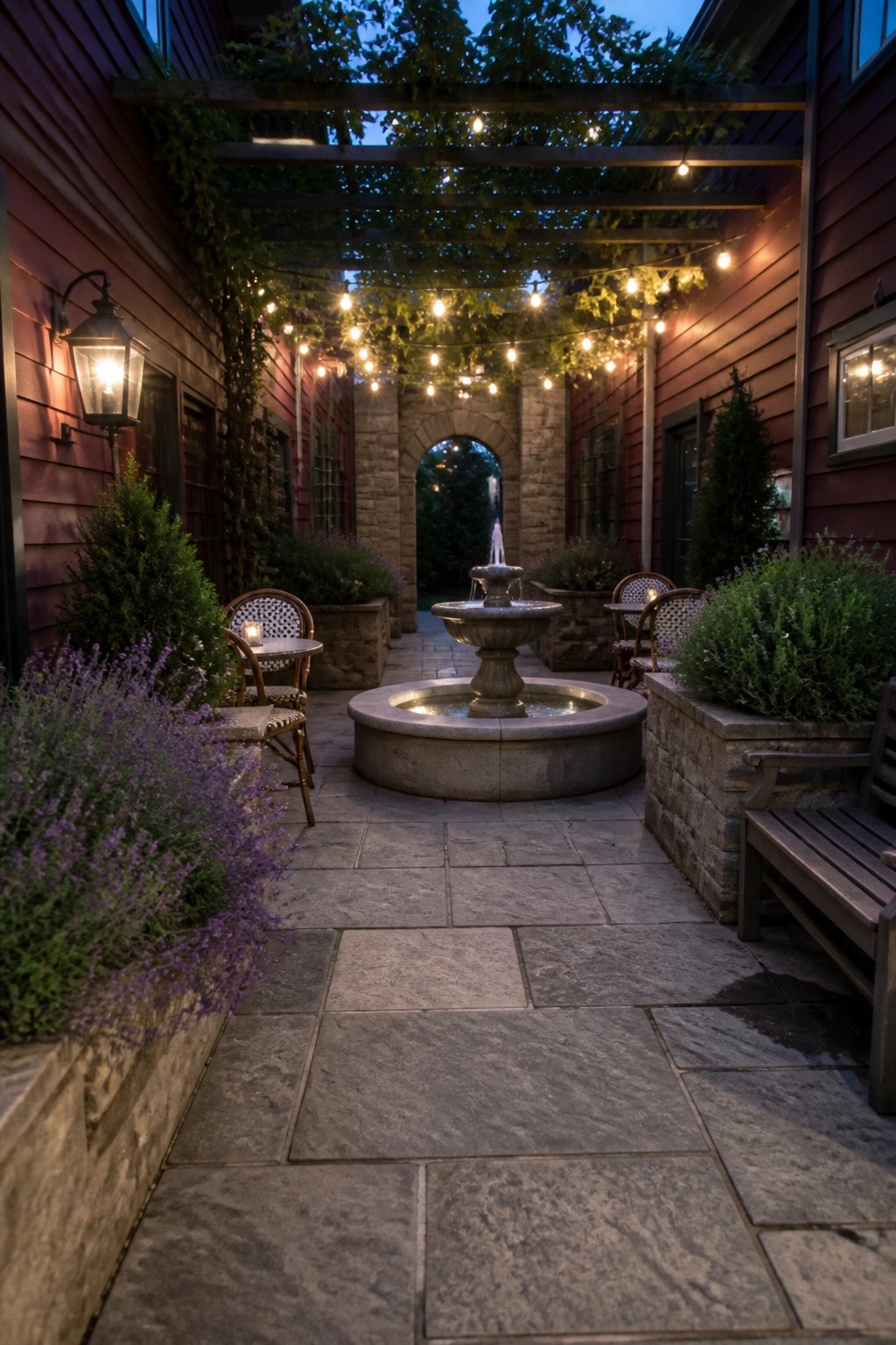 A courtyard patio with a central gray stone fountain, surrounding seating, string lights on a pergola, and maroon house siding on both sides.