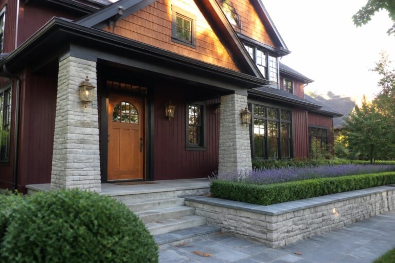 23 Polished Maroon House Exteriors Using Soft Gray Stone A maroon wood-sided house with gray stone pillars and foundation, a wooden front door, concrete steps, and green shrubs along a stone walkway.
