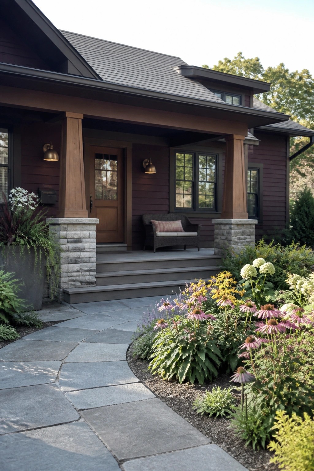 Stone walkway curves to dark red house porch with blooming flower garden.
