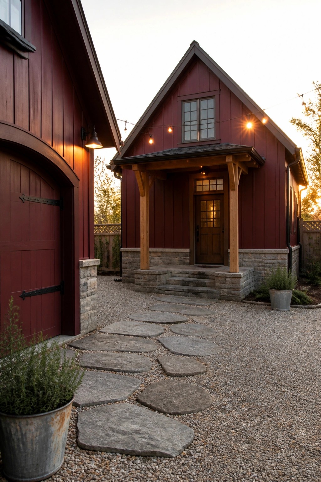 A maroon house exterior with gray stone foundation, wooden porch supports, stone steps, and a winding stone path through gravel.