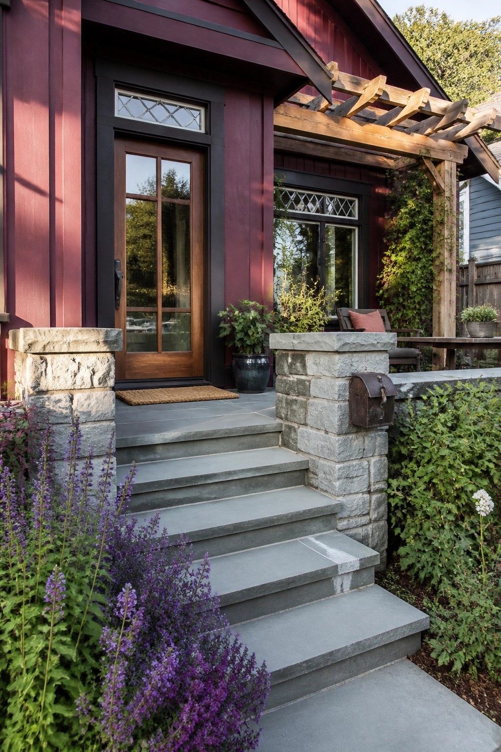 Front view of a maroon house with black trim, brown door, gray stone steps and pillars, and a wooden pergola on the right.