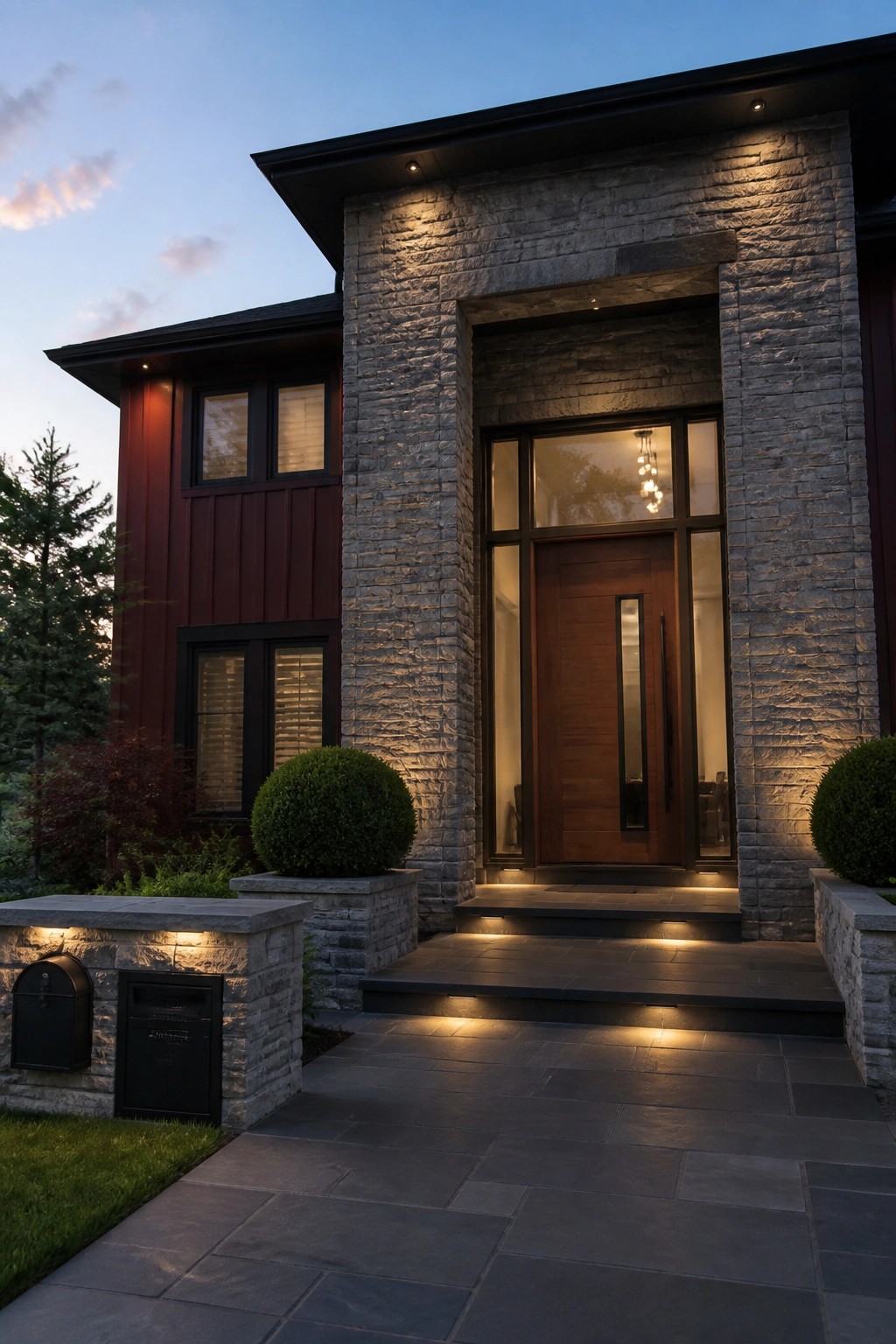 A two-story house with maroon siding and gray stone columns framing a wooden front door, shown at dusk with pathway and entry lighting.