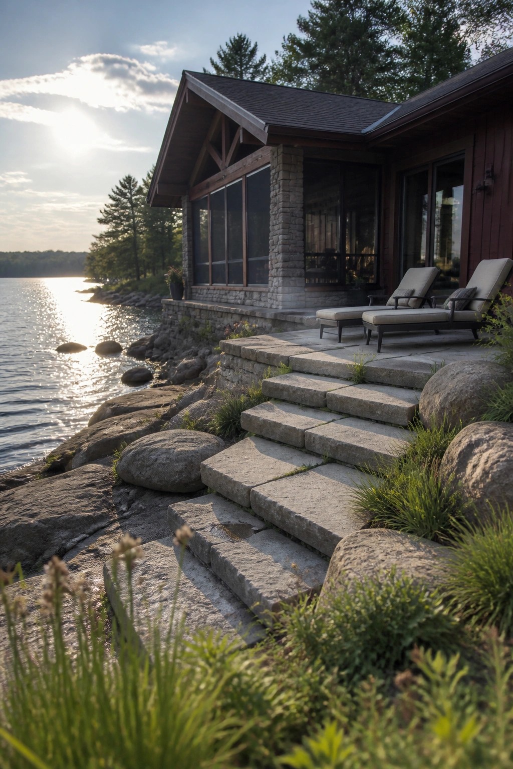 A maroon house with gray stone accents and a stone patio overlooks a rocky lakeshore at sunset.