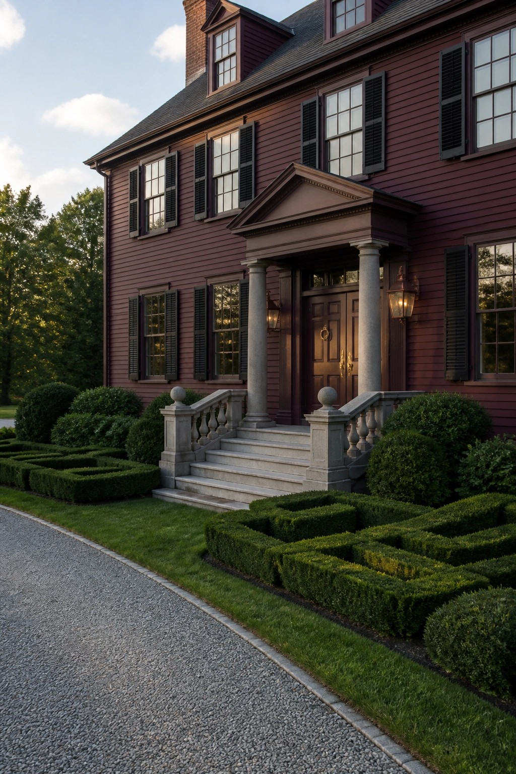 A maroon house exterior with gray stone columns, steps, and railings at the front entrance, black shutters on the windows, and a gravel driveway in front.