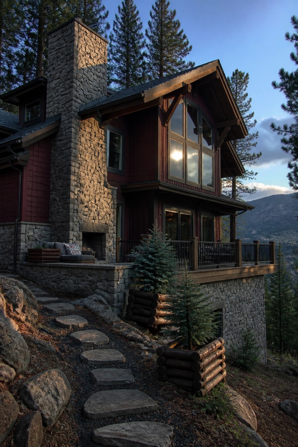 A maroon wood-sided house with a large gray stone chimney and foundation, set on a wooded hillside with a stone path leading to an outdoor seating area.