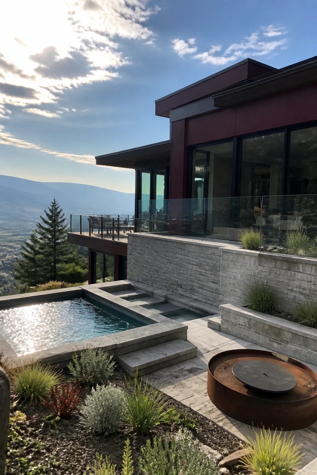 A modern maroon house with gray stone lower walls, large windows, a pool, and a fire pit area overlooking mountains.