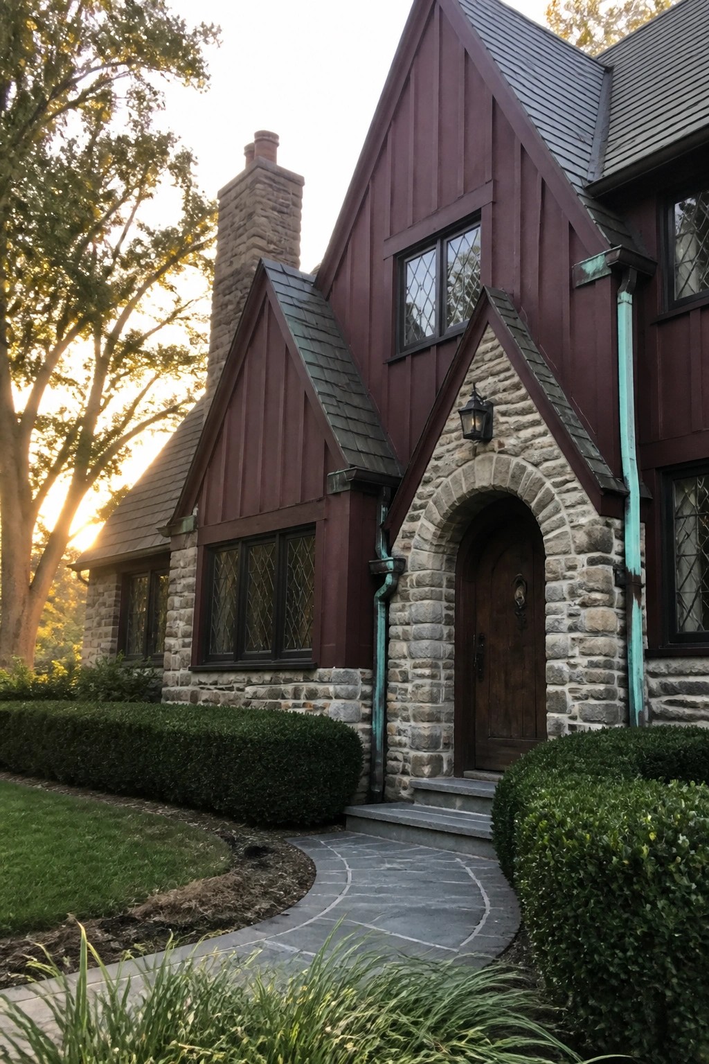 Maroon-sided Tudor house with stone archway, wooden door, chimney, and curved stone path.