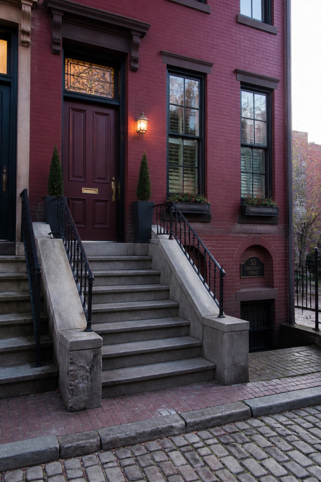 Front view of a maroon brick row house with gray stone steps leading up to a dark red door, black railings, and two windows with shutters.