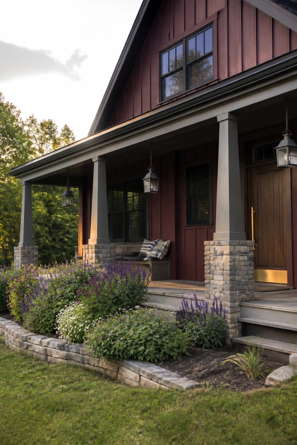 Red wooden house with stone porch columns, hanging lanterns, and purple flower garden.