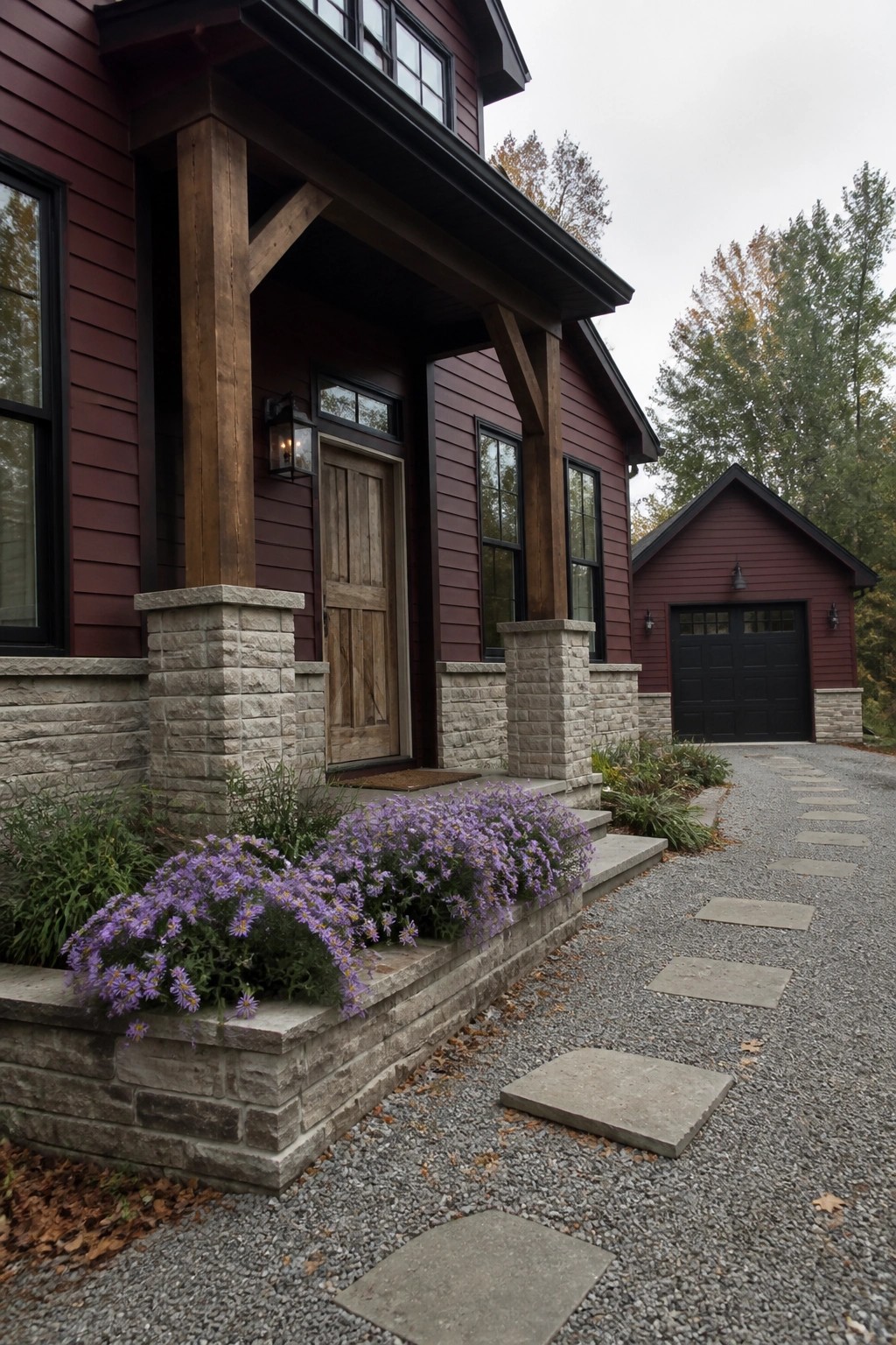 Red wooden house porch with stone pillars, purple flowers, and gravel path to garage.