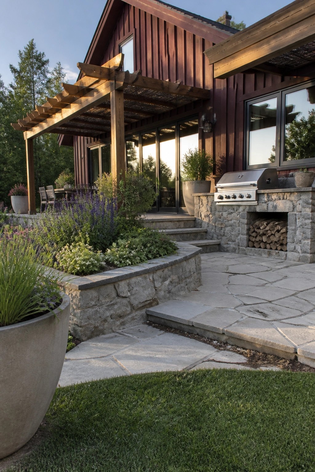 A maroon house exterior with a stone patio, built-in stainless grill, and wooden pergola above the seating area.