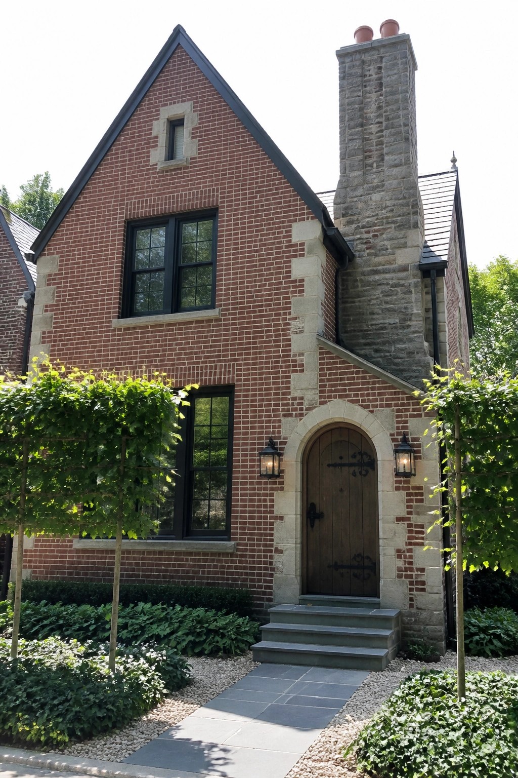A red brick house exterior with gray stone accents around an arched wooden door, a stone chimney, and several windows, viewed from the front walkway with small trees and shrubs on either side.