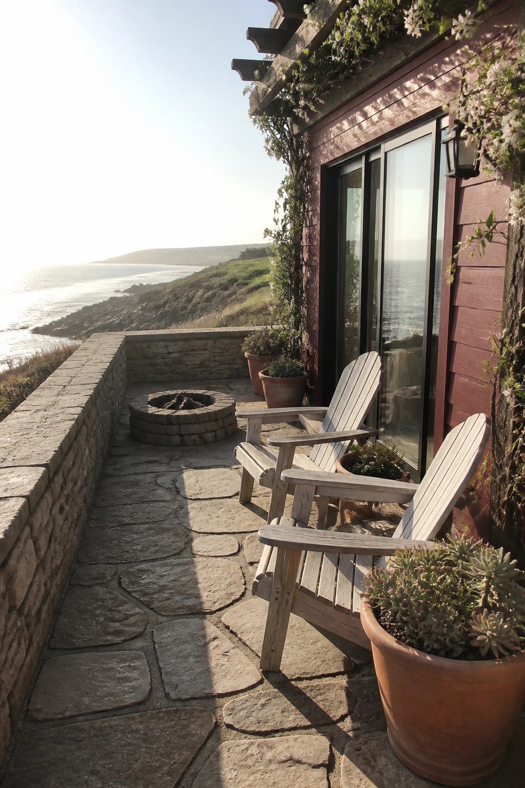 A stone patio with two wooden chairs and a circular fire pit sits beside a maroon house with glass doors and overlooks the ocean.