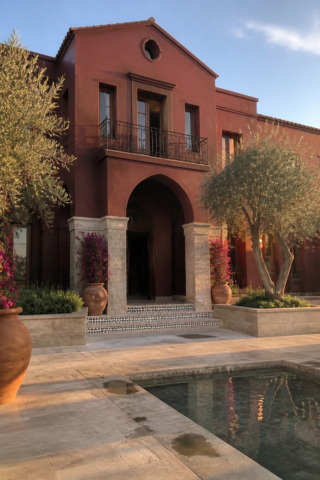 Red Mediterranean villa with arched entry, balcony, pool, and terracotta pots