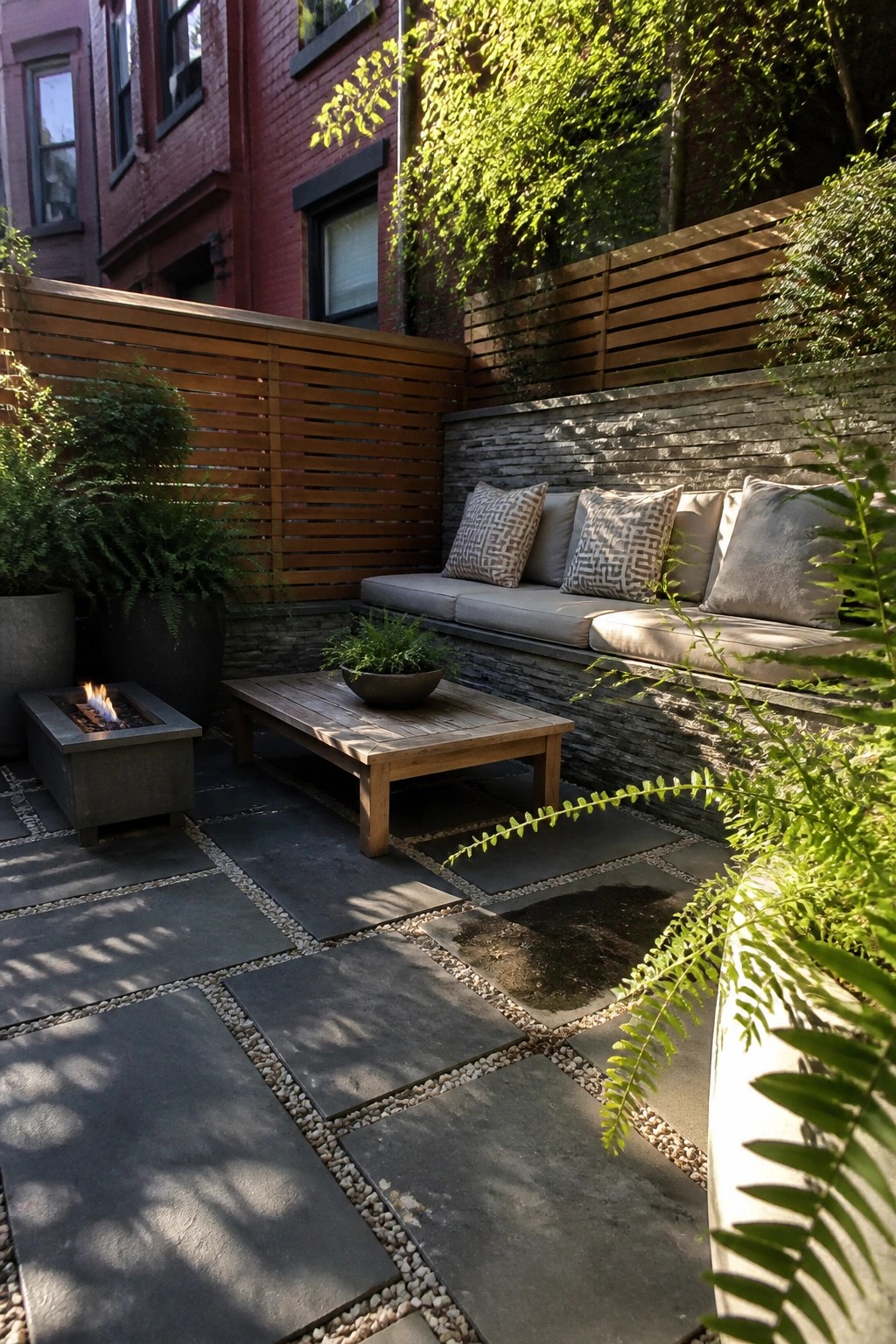 An outdoor patio with built-in bench seating and gray cushions along a stacked gray stone wall, a wooden coffee table, fire pit on pavers, and wooden privacy fence.