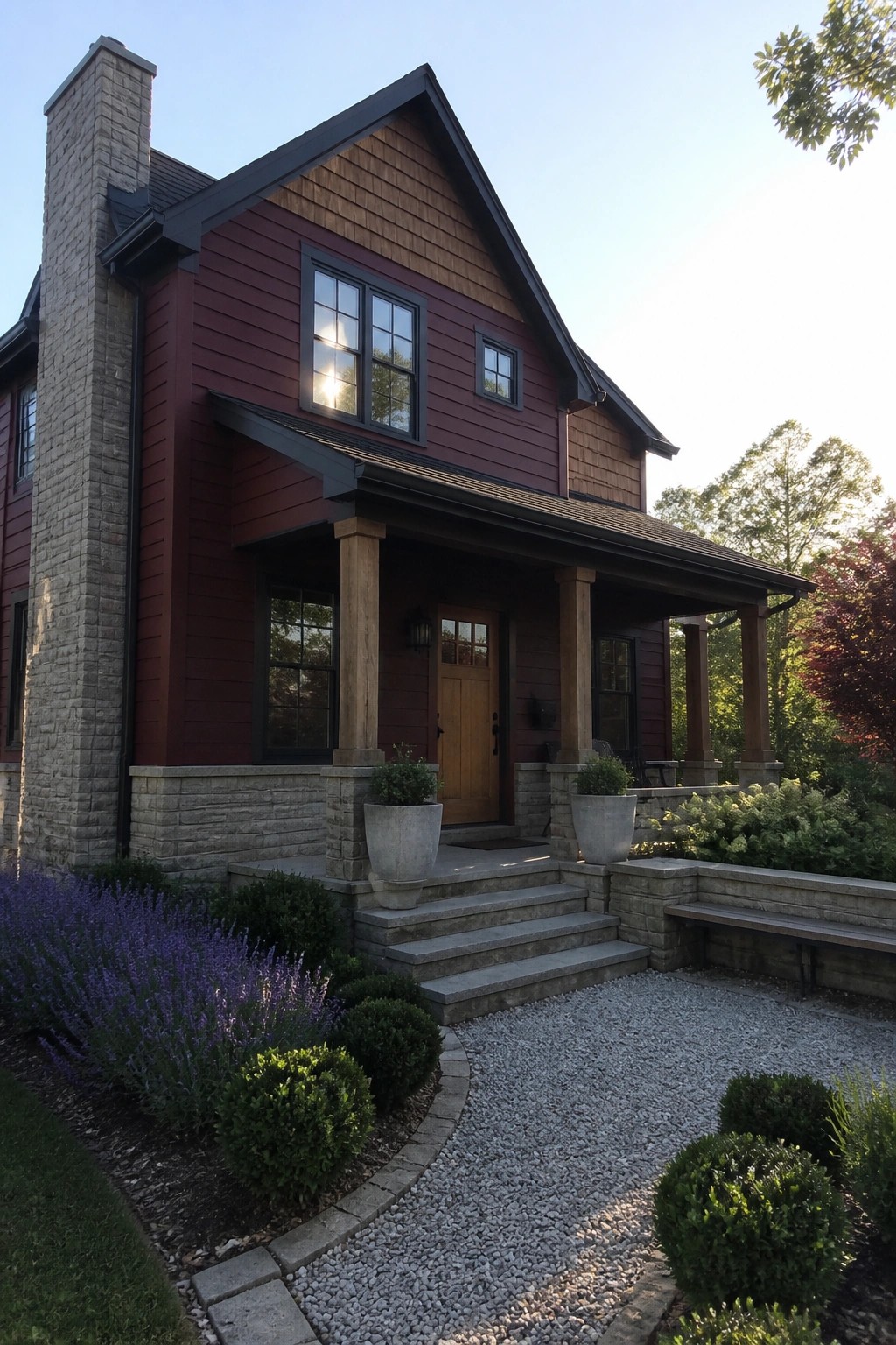 A two-story house with burgundy wood siding, gray stone foundation and porch supports, a wooden front door, and a gravel front path bordered by shrubs.