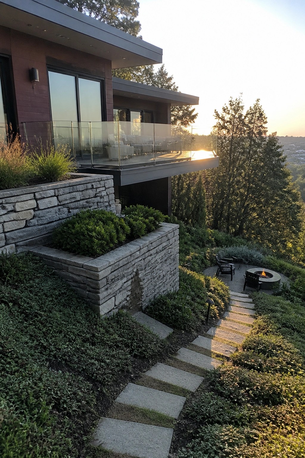 Modern hillside home with glass-railed deck, stone steps, fire pit at sunset